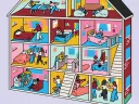 Colorful illustration of a split-level house showing various activities in different rooms.