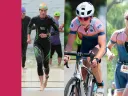 Collage of three photos of an athlete in a triathlon: one swimming, one cycling, one running, in sports attire.