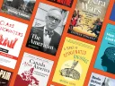 Collage of book covers featuring various titles on a vibrant orange background.