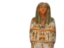 Ancient Egyptian painted sarcophagus with detailed hieroglyphs and a woman's face.