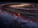 Red dots represent the Radcliffe Wave, superimposed here on an artist's rendering of the Milky Way as it appears in a screen shot taken from WorldWide Telescope.