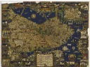 A bright and colorful historical map of Boston with details of streets, buildings, and green spaces