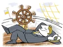 A businessman reclines on the deck of a ship with no one at the helm