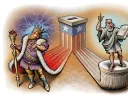 Flanking a ballot box are a monarch on the left and a senator holding a book of law on the right.