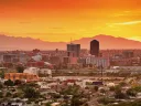 Photograph of the Tucson, Arizona, skyline and downtown taken at sunset.