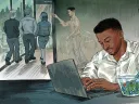 illustration of a black employee working and eating at his desk while colleagues go out to lunch