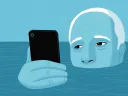 Blue-tinted illustration of a man holding his head and his smartphone above water.