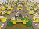 A cartoon of a man speaking on a telephone and workers at desks behind him