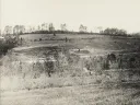 Black-and-white photo of a hill with bare trees