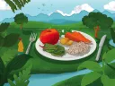 In a verdant landscape sits a plate with healthy foods