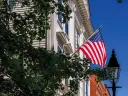 Historic buildings and American flag in Litchfield, Connecticut