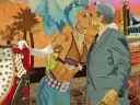 Art depicting Vegas showgirl kissing businessman