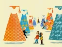 An illustration depicting students choosing among different varieties of branded college experiences