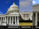 Photographs of the U.S. Capitol, the White House, and the Supreme Court, representing the three branches of government.