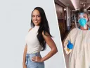 Kira Mengistu in jeans and white shirt, Kira Mengistu in doctor's PPE