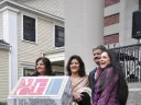 Anand Mahindra (third from left) and his wife, Anuradha Mahindra (at right), with Mr. Mahindra's sisters, Anuja Sharma (left) and Radhika Nath (second from left) at the Mahindra Humanities Center inauguration