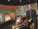 Peter Der Manuelian with a 3-D projection of the subterranean chapel of Queen Meresankh III, discovered and excavated at Giza in 1927 by the Harvard University-Boston Museum of Fine Arts Expedition. This immersive computer model, based on the actual archaeological documentation, uses software powered by Dassault Systèmes, Paris.