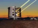 A rendering of the Giant Magellan Telescope in operation in Chile, deploying the lasers for its adaptive-optics system 