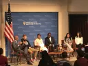 At the JFK Jr. Forum on Monday, panelists discussed the case surrounding Michael Brown's death. From left, Khalil Gibran Muhammad, Jason Pollock, Lezley McSpadden, Benjamin Crump, Jasmine Rand, and Ashley Spillane.