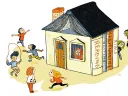 Children play outside while a homeschooled child watches through a window