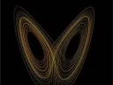 A stylized plot of Lorenz's "butterfly effect" model against a black background with gold-toned curves wrapping themselves around unshown x and y axes, resembling the wings of a butterfly