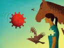 Illustration of a floating particle of the virus that causes Eastern Equine Encephalitis, the mosquito vector, and bird, horse, and human hosts
