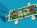 Illustration of a dollar bill with a head on one side and a heart on the other, exchanging hands