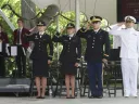 The class of 2015’s ROTC contingent (from left): Second lieutenants Sophia Chua-Rubenfeld, Molly McFadden, and William Scopa, and Ensign Sebastian Saldivar