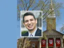Matthew Potts portrait over photograph of Memorial Church in the background