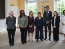From left: Martha Minow, 2022 Radcliffe Medal recipient Sherrilyn Ifill, Leslie Cornfeld, Donna Shalala, Raj Chetty, Pam Eddinger, and Tomiko Brown-Nagin   