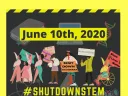 An illustrated poster for the June 10, 2020 #ShutDownStem academic strike for Black Lives Matter, showing people of different races, genders, and abilities organizing for racial justice