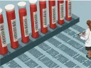 Illustration of a woman in a lab coat studying shadows cast by vials of blood, each shadow a readout indicating the presence of a past exposure to a specific pathogen.