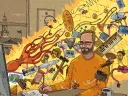A professor sits at a computer whose screen is shooting out a beam of light filled with all sorts of animals and musical instruments