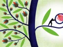 A stylized illustration of a tree with many small flowers blooming on one side and on the other one small branch on which a small human figure is nurturing one large blossom