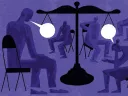 Illustration of seated people talking in a restorative justice circle