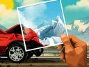 An illustration of the crumpled front end of a car that has been in an accident with mountains that are the result of crumpling of Earth's crust, rising in the background