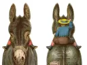 The front and back of a die-cut trade card shaped like a donkey that was used to advertise coffee. When the card is flipped over, the viewer can see that there is a boy riding on the donkey's back.