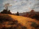 Landscape painting of wide sky and golden field with trees in the distance 