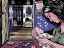Illustration of a professional woman at home, holding a baby