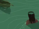 The illustration shows an empty rowboat floating away and a woman wading toward it, in chest-high water.