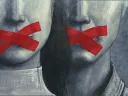 illustration of two individuals whose mouths have been taped shut