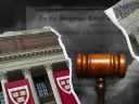 Photo montage showing Harvard’s Widener Library and the edifice of the Supreme Court divided by a gavel.