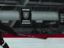 Montage of hockey player in ice rink, with Harvard's women's hockey insignia over it