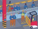 A drawing of a workplace where parents and their children are working together