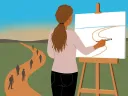 An illustration of a young woman at an easel, holding a paintbrush and tracing a path while looking out across a landscape of other people following their own path 
