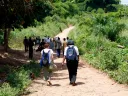 The students and a group of farmers walk along a road to a cacao farm in Bonsaaso district, a part of the UN Millennium Villages Project.