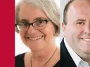 Portrait of Julie Reuben, Warren professor of the history of American education, newly appointed inaugural faculty dean of Phillips Brooks House Center, and Travis Lovett, the newly appointed assistant dean of civic engagement and service