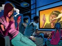 Teenagers watch a television screen showing a glamorous actress smoking.