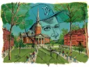 An illustration of Harvard Yard with a superimposed rendering of a youthful male figure contemplating his place at the College