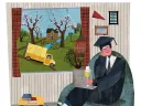 Colorful composite drawing of the author, dressed in cap and gown, at home in Cambridge, with scenes of blossoming trees and a yellow moving truck visible through the window. 